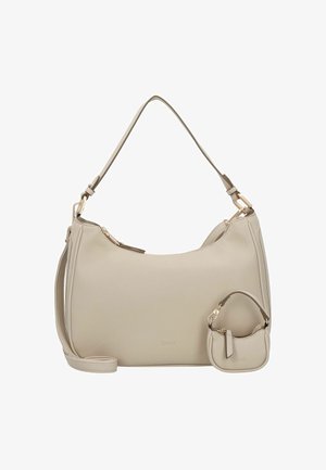 Sac à main en cuir beige avec une texture lisse, un design incurvé et une petite pochette amovible, agrémenté de quincaillerie dorée.