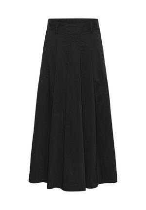 Jupe plissée noire en tissu léger, dotée d'une taille cintrée et d'une silhouette fluide d'une longueur mi-mollet.