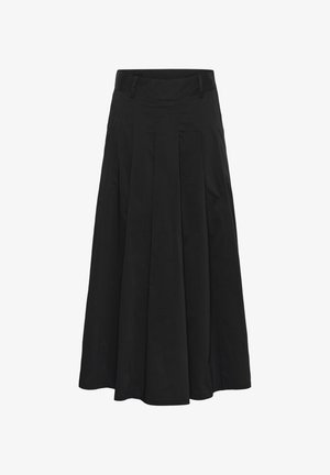 Jupe plissée noire en tissu léger, dotée d'une taille cintrée et d'une silhouette fluide d'une longueur mi-mollet.