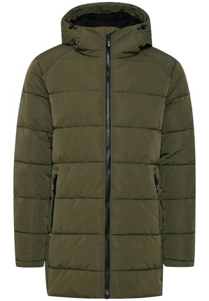 Olivenfarvet polstret parka med lynlås, høj krave og to sidelommer. Har et quiltet design med vandret syninger.