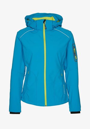 Chaqueta softshell azul con cuello alto y capucha. Presenta cremalleras amarillas, bolsillos laterales y un bolsillo en la manga con cremallera. Tejido elástico.