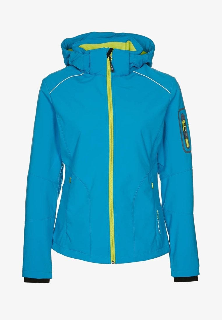 Giacca softshell blu con colletto alto e cappuccio. Presenta cerniere gialle, tasche laterali e una tasca sul braccio con zip. Tessuto elastico.