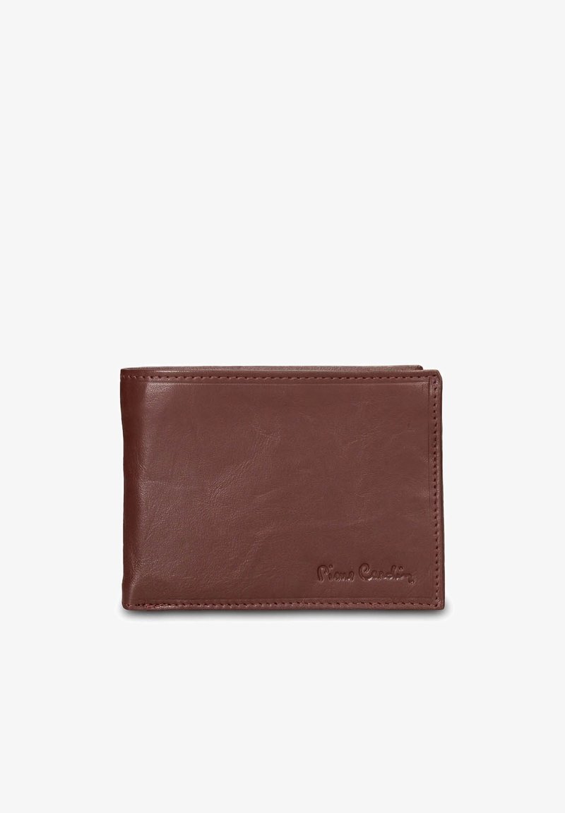 Brown leather wallet with a smooth texture, bi-fold design, and subtle embossed logo detail on the front. Compact and durable accessory.