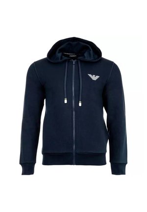 Felpa con zip navy realizzata in tessuto morbido, dotata di zip anteriore, cappuccio con cordino e un logo grigio sulla parte sinistra del petto.