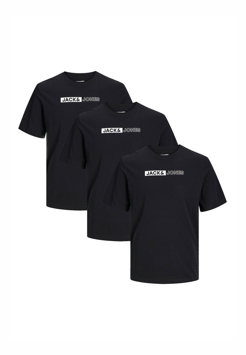 Drei schwarze Baumwoll-T-Shirts mit einem weißen "JACK & JONES"-Logo auf der Vorderseite. Slim Fit, Rundhalsausschnitt-Design mit kurzen Ärmeln.