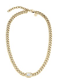 Gouden ketting met brede schakels, voorzien van een heldere vierkante kristallen accent in het midden. Sluiting met een kreeftsluiting en verstelbare kettinglengte.
