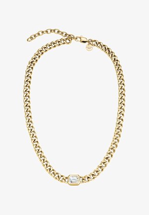 Collier en chaîne dorée à maillons larges, avec un accent en cristal carré transparent au centre. Fermeture à mousqueton et longueur de chaîne réglable.