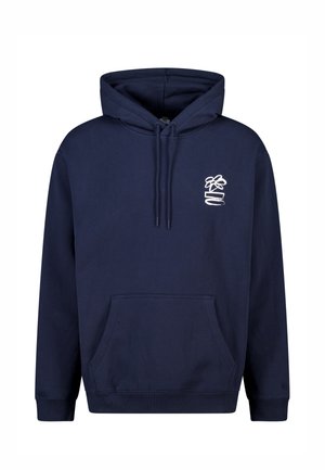Navyblauer Hoodie aus Baumwollmischung mit Fronttasche, Kapuze mit Kordelzug und weißem Logo auf der Brust.