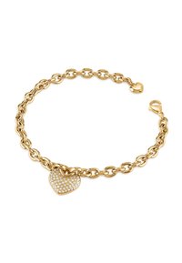 Bracciale in oro con charm a forma di cuore decorato con strass, presenta maglie lisce e chiusura a moschettone.
