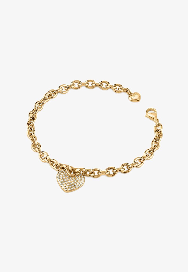 Bracelet en chaîne dorée avec un charm en forme de cœur orné de strass, affichant des maillons lisses et une fermeture à mousqueton.