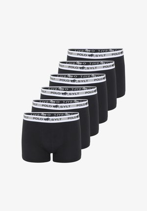 Schwarze Baumwoll-Boxershorts mit elastischem weißen Bund, der mit dem Text "POLO SYLT" und einem Pferdelogo bedruckt ist, in einem Set von sechs Stück präsentiert.