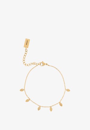 Gouden armband met een delicate ketting en vijf bladvormige accenten, met ingewikkelde uitsnijdingen en een kreeftpuntsluiting.
