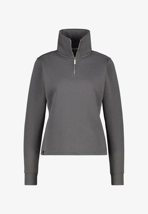 Pullover grigio con colletto alto e chiusura a mezza zip. Realizzato in un morbido tessuto testurizzato. Presenta maniche lunghe e polsini a costine.