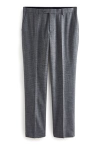 Grau karierte Hose aus strukturiertem Stoff, mit Gürtelschlaufen, Seitentaschen und einer einzelnen Gesäßtasche. Klassisches gerades Bein Design.