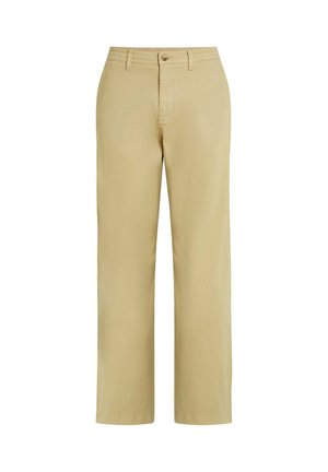 Smėlio spalvos medvilninės kelnės tiesiomis kojomis, su priekyje užsegimu mygtuku ir diržo kilpelėmis. Lygi tekstūra be raštų.