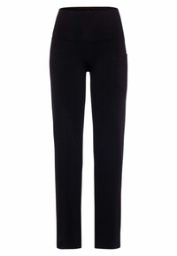 Black stretch pants with a high waistband, straight-leg design, and side pocket. Smooth texture, suitable for casual or active wear.