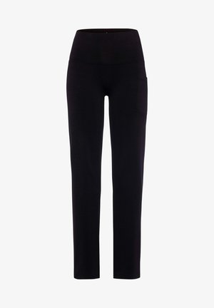 Black stretch pants with a high waistband, straight-leg design, and side pocket. Smooth texture, suitable for casual or active wear.