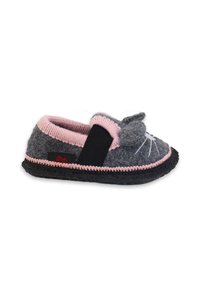 Pantuflas grises de felpa con ribete rosa, suela de goma negra y diseño de cara de gato. Presentan una banda elástica para un mejor ajuste y un cuello de punto para mayor comodidad.