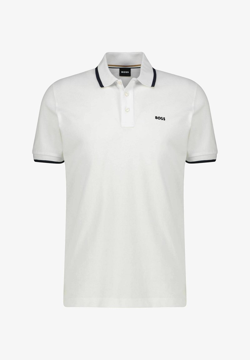 Biela polokošeľa z bavlny, s dvoma gombíkmi, námorníckym lemovaním goliera a malým čiernym logom na hrudi.