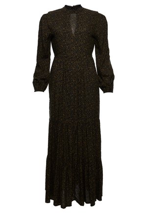 Long black dress with brown small floral print, high neckline, long puffed sleeves, fitted waist, and tiered skirt.