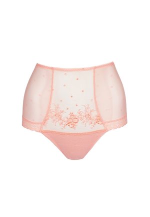 Braguitas transparentes de talle alto en color rosa con bordado de flores, lunares texturizados y ribete de encaje festoneado en la cintura y las piernas.