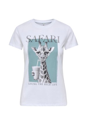 White cotton t-shirt featuring a graphic of a giraffe wearing sunglasses, holding a drink. Text reads "SAFARI" and "LIVING THE HIGH LIFE."