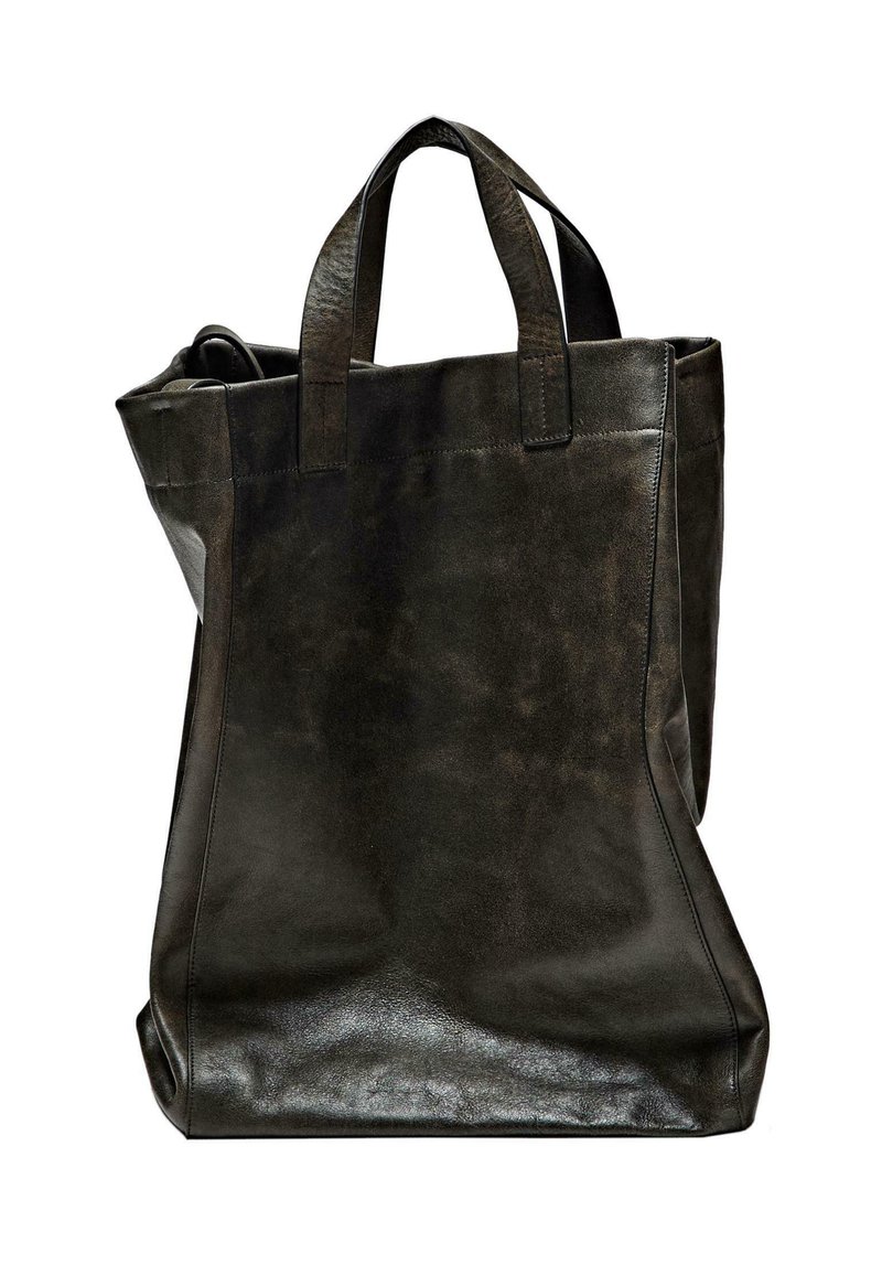 Svart läder tote-väska med två handtag på toppen, strukturerad form, slät yta och en enkel design utan synliga dekorationer.