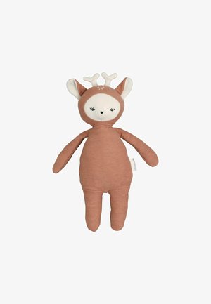 Weicher Plüschspielzeug in rostiger Farbe, geformt wie ein Reh mit weißem Gesicht und Ohren, hat zwei kleine Geweih und gestickte Details für Augen und Mund.