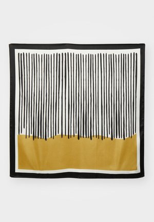 Silk scarf featuring vertical black lines on a white background, with a golden lower section and a solid black border.