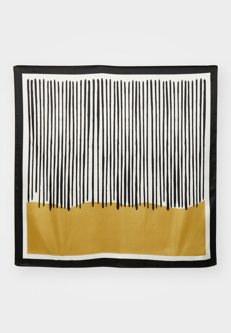 Seidenschal mit vertikalen schwarzen Linien auf weißem Hintergrund, einem goldenen unteren Abschnitt und einem soliden schwarzen Rand.