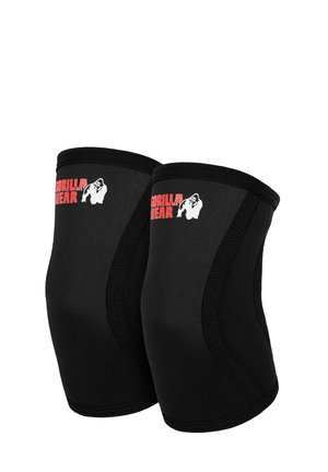 Paar schwarze Knieschoner mit rotem Gorilla Wear-Logo und weißem Gorilla-Motiv, entwickelt zur Gelenkstütze beim Training oder Gewichtheben.
