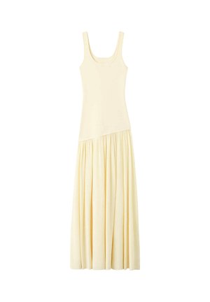 Robe longue sans manches jaune pâle avec corsage ajusté et couture asymétrique reliant à une jupe froncée et fluide.
