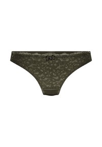 String en dentelle vert olive avec motif floral, doté d'une ceinture lisse et d'un nœud décoratif au centre devant.