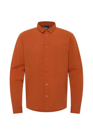 Roodbruine langermige shirt met een knoopsluiting aan de voorkant, een borstzak en een gladde stofstructuur. Heeft een klassieke kraag en een eenvoudig ontwerp.