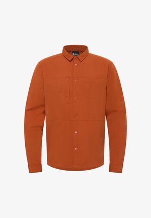 Roodbruine langermige shirt met een knoopsluiting aan de voorkant, een borstzak en een gladde stofstructuur. Heeft een klassieke kraag en een eenvoudig ontwerp.