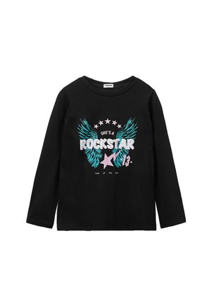 Schwarzes langärmliges T-Shirt mit grafischem Design von Flügeln, Sternen und dem Text "SIE IST EIN ROCKSTAR" in Pink und Blau.