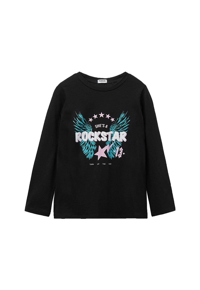 Schwarzes langärmliges T-Shirt mit grafischem Design von Flügeln, Sternen und dem Text "SIE IST EIN ROCKSTAR" in Pink und Blau.