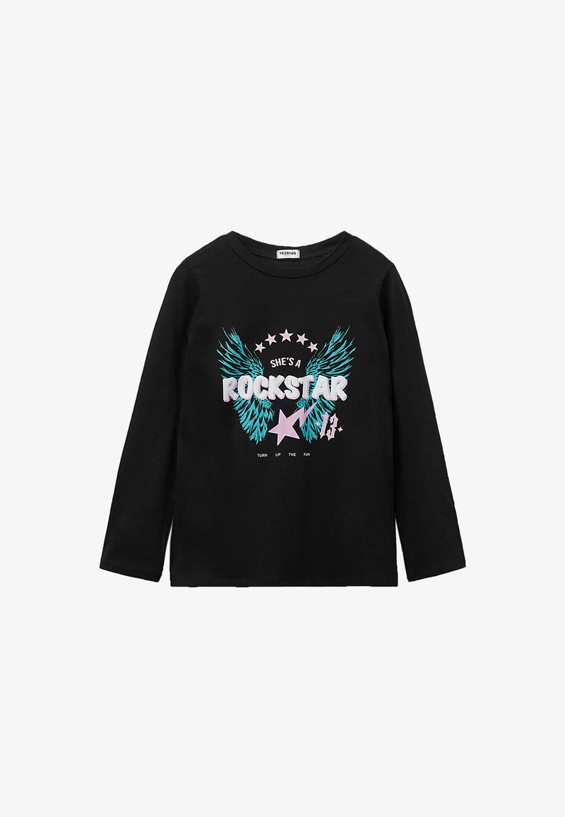 Schwarzes langärmliges T-Shirt mit grafischem Design von Flügeln, Sternen und dem Text "SIE IST EIN ROCKSTAR" in Pink und Blau.