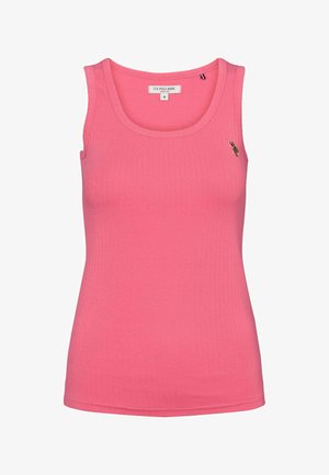 Roosa soonik, millel on ümmargune kaelus, kitsas lõige ja logo aksent vasakul rinnal; valmistatud pehmest ja venivast kangast.