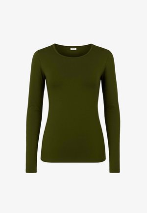 Top a maniche lunghe in verde oliva scuro, realizzato in tessuto morbido, con scollo rotondo e design aderente, con dettagli di cucitura minimi.