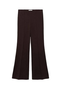 Pantalons amples taille haute marron foncé avec des détails de couture sur le devant, présentés à plat sur un fond blanc.