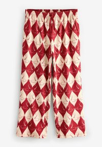 Red and cream patterned pants featuring a diamond design with swan illustrations, elastic waistband, and drawstring detail.
