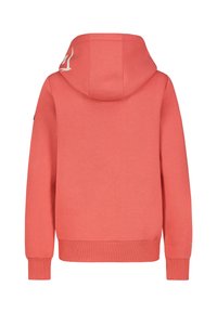 Korallenfarbene Kapuzenjacke mit gefütterter Kapuze, gerippten Bündchen und Saum. Verfügt über ein dezentes Logo auf der linken Schulter, hergestellt aus weichem Baumwollmaterial.