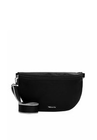 Black fabric crossbody bag with a zip closure, adjustable strap featuring a gray stripe, and a small logo tag on the front.