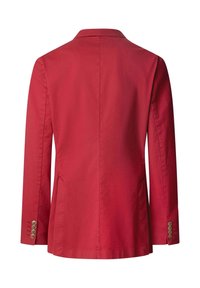 Red men's blazer with long sleeves, single back vent, and four beige buttons on each cuff, shown from the back.