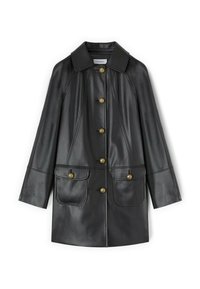 Czarny skórzany płaszcz z dużymi brązowymi guzikami, dwoma przednimi kieszeniami z klapami oraz szerokim kołnierzem, wyeksponowany na białym tle.