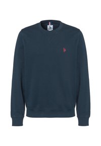 Felpa blu navy in misto cotone, con collo rotondo, maniche lunghe, polsini a costine e un piccolo logo rosso sul petto.