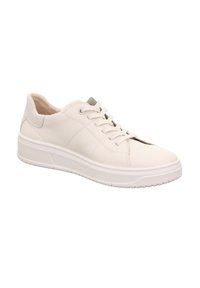 Weiße Ledersneaker mit abgerundetem Zehenbereich, Schnürverschluss und einer strukturierten weißen Gummisohle. Verfügt über dezente Nähte und einen gepolsterten Schaft.