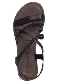 Sandalo in pelle nera con dettagli di cinghie intrecciate, plantare in suede, design aperto e cinturino alla caviglia regolabile. Taglia 37 riportata sulla soletta.