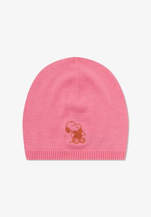 Pink knitted beanie with a small brown Snoopy character embroidered near the bottom center.